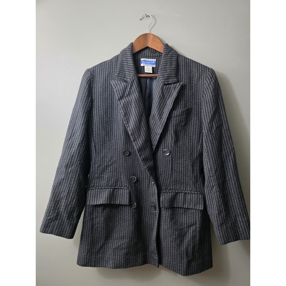 Vintage Pendleton 100% Virgin Wool Pinstripe Double Breasted Blazer Grey Size 6
